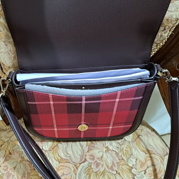 Kate Spade New York Blake Plaid Saddle Bag Cross Body Leather Shoulder Strap NWT - Picture 5 of 7